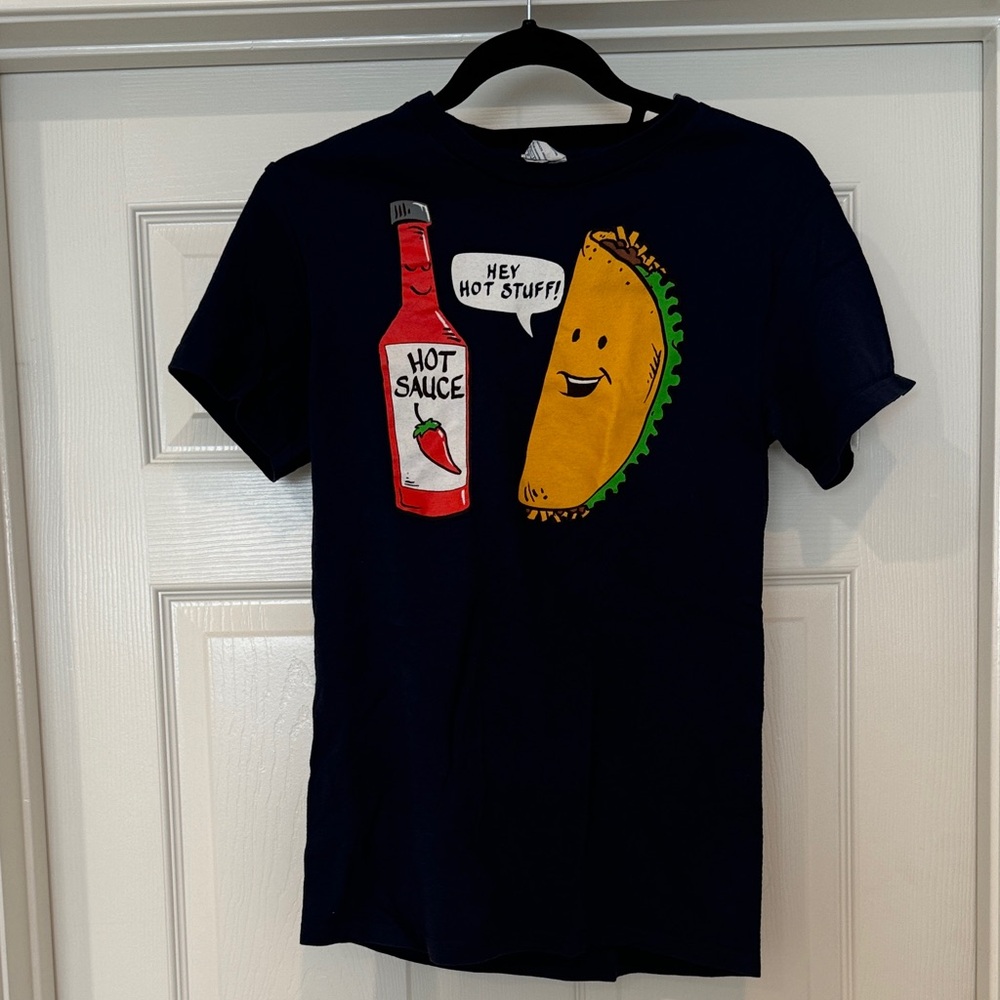 Navy T-Shirt with Hot Sauce and Taco Graphic